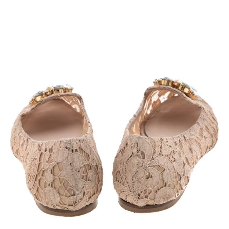 Pre Owned Dolce & Gabbana Pink Lace Crystal Embellished Taormina Ballet Flats Size 40