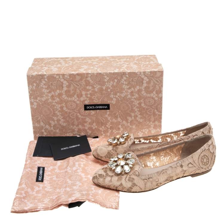 Pre Owned Dolce & Gabbana Pink Lace Crystal Embellished Taormina Ballet Flats Size 40