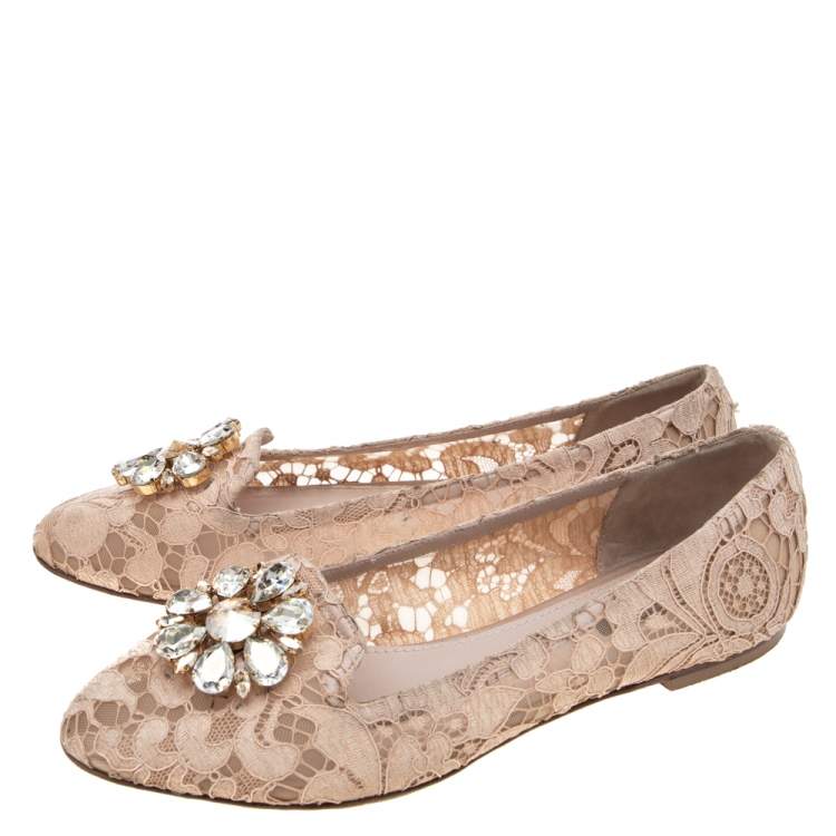Pre Owned Dolce & Gabbana Pink Lace Crystal Embellished Taormina Ballet Flats Size 40