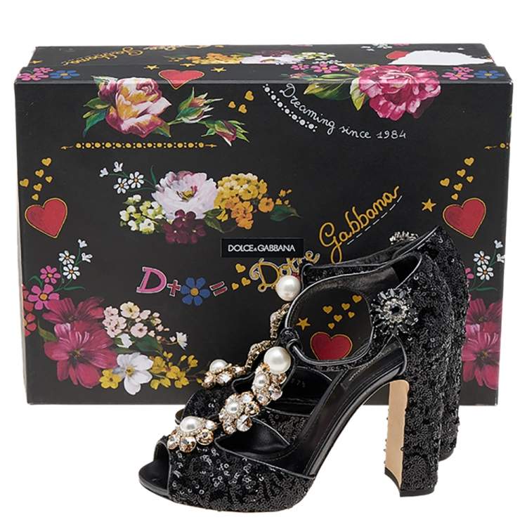 Pre Owned Dolce & Gabbana Black Pearl Embellished Ankle Strap Sandals Size 37.5