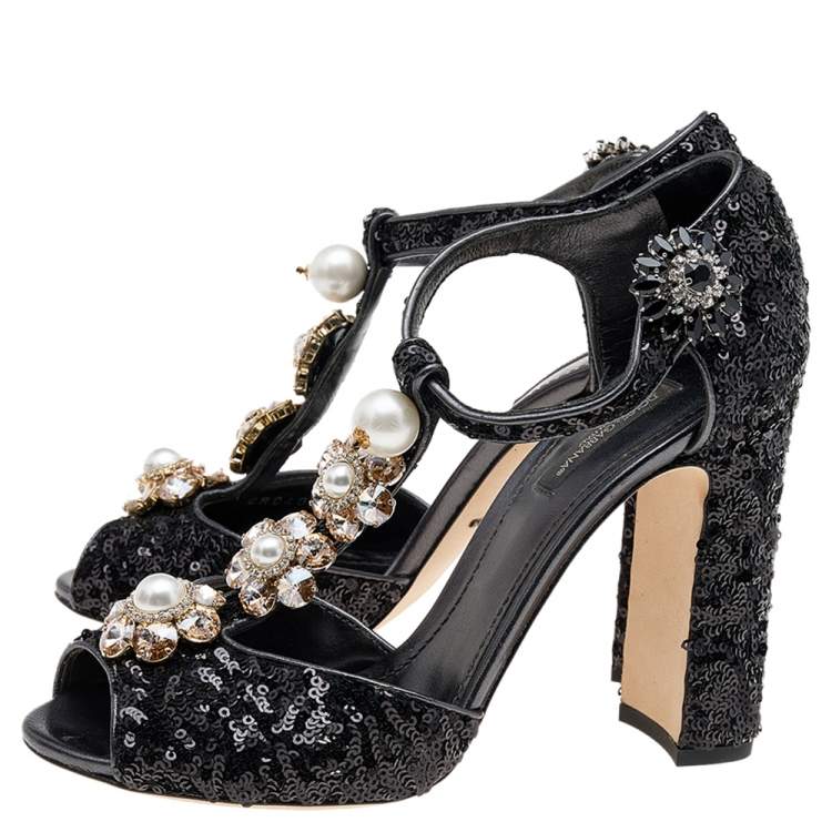 Pre Owned Dolce & Gabbana Black Pearl Embellished Ankle Strap Sandals Size 37.5