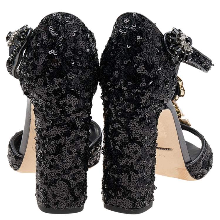 Pre Owned Dolce & Gabbana Black Pearl Embellished Ankle Strap Sandals Size 37.5