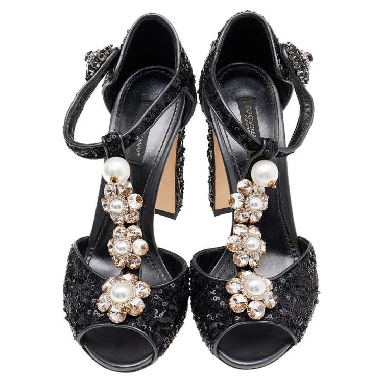 Pre Owned Dolce & Gabbana Black Pearl Embellished Ankle Strap Sandals Size 37.5