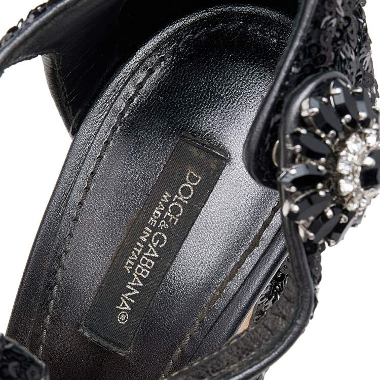 Pre Owned Dolce & Gabbana Black Pearl Embellished Ankle Strap Sandals Size 37.5