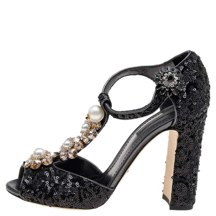 Pre Owned Dolce & Gabbana Black Pearl Embellished Ankle Strap Sandals Size 37.5