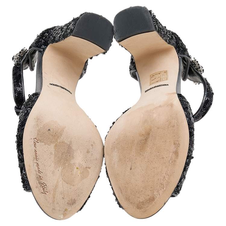 Pre Owned Dolce & Gabbana Black Pearl Embellished Ankle Strap Sandals Size 37.5