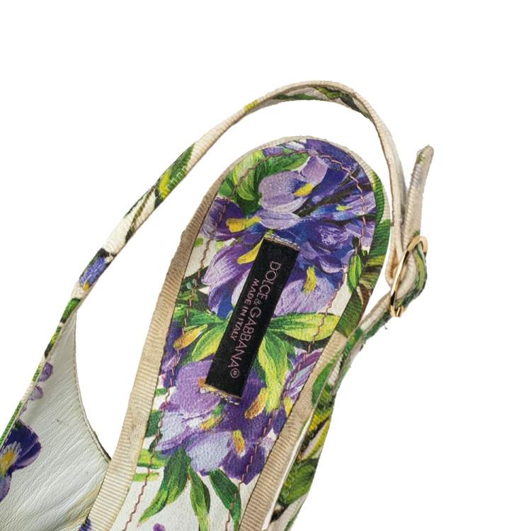 Pre Owned Dolce & Gabbana Multicolor Canvas Floral Crystal  Bellucci Slingback  Sandals Size 39.5
