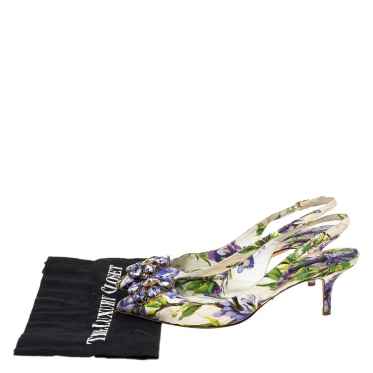 Pre Owned Dolce & Gabbana Multicolor Canvas Floral Crystal  Bellucci Slingback  Sandals Size 39.5