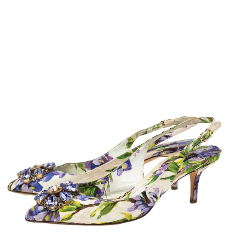 Pre Owned Dolce & Gabbana Multicolor Canvas Floral Crystal  Bellucci Slingback  Sandals Size 39.5