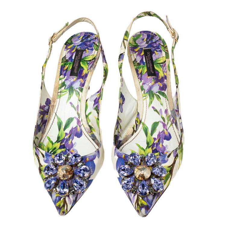 Pre Owned Dolce & Gabbana Multicolor Canvas Floral Crystal  Bellucci Slingback  Sandals Size 39.5