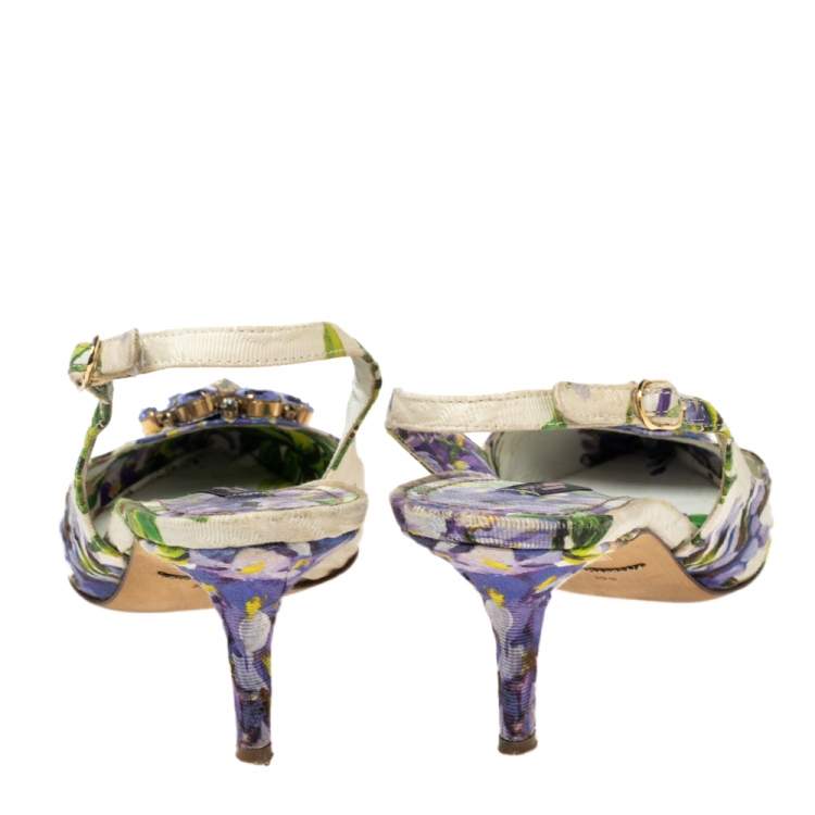Pre Owned Dolce & Gabbana Multicolor Canvas Floral Crystal  Bellucci Slingback  Sandals Size 39.5