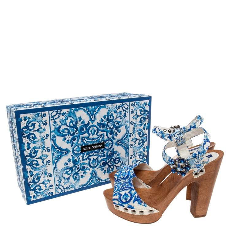 Pre Owned Dolce & Gabbana White/Blue Floral Print Fabric Embellished Platform Ankle Strap Clog Sandals Size 40