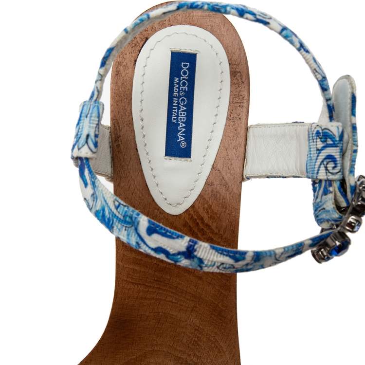 Pre Owned Dolce & Gabbana White/Blue Floral Print Fabric Embellished Platform Ankle Strap Clog Sandals Size 40