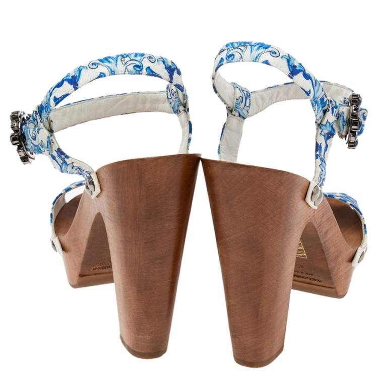Pre Owned Dolce & Gabbana White/Blue Floral Print Fabric Embellished Platform Ankle Strap Clog Sandals Size 40
