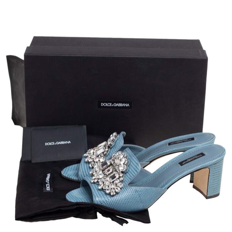 Pre Owned Dolce & Gabbana Light Blue Lizard Embossed Leather Crystal Embellished Slide Sandals Size 40