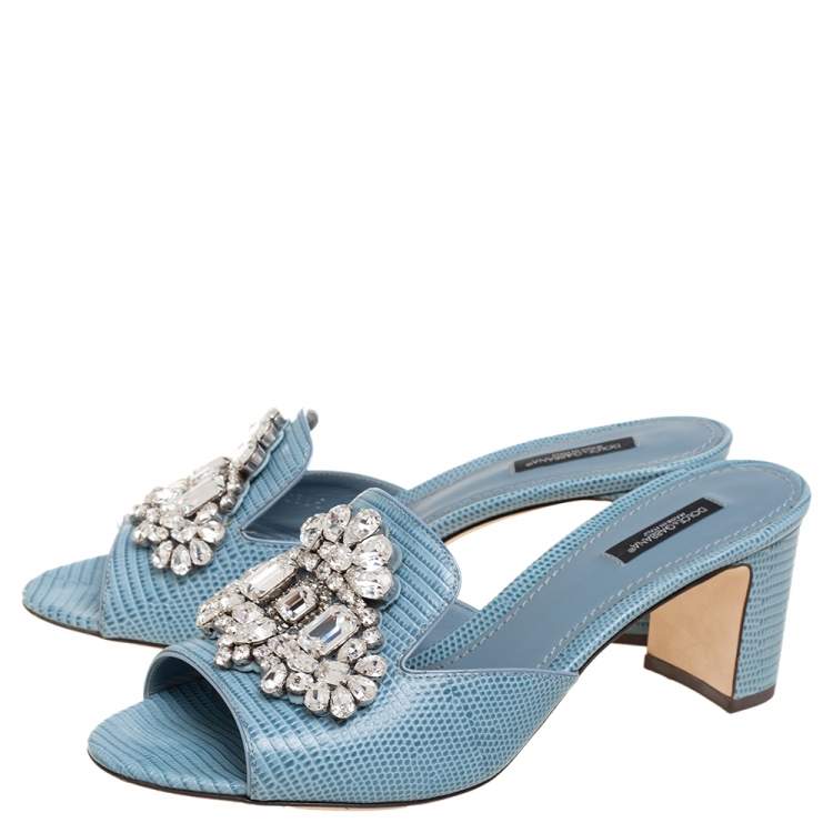 Pre Owned Dolce & Gabbana Light Blue Lizard Embossed Leather Crystal Embellished Slide Sandals Size 40