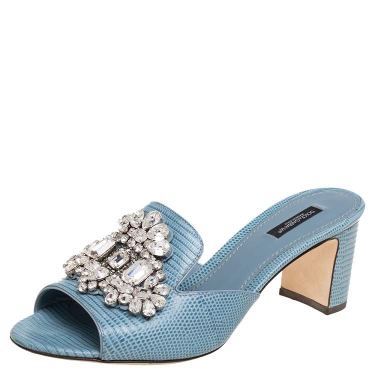 Pre Owned Dolce & Gabbana Light Blue Lizard Embossed Leather Crystal Embellished Slide Sandals Size 40