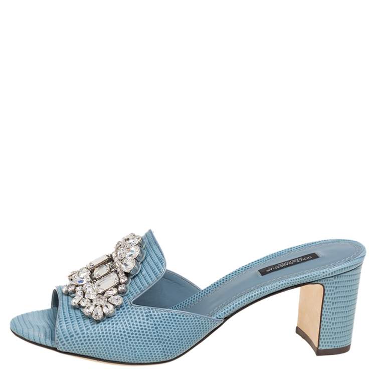 Pre Owned Dolce & Gabbana Light Blue Lizard Embossed Leather Crystal Embellished Slide Sandals Size 40