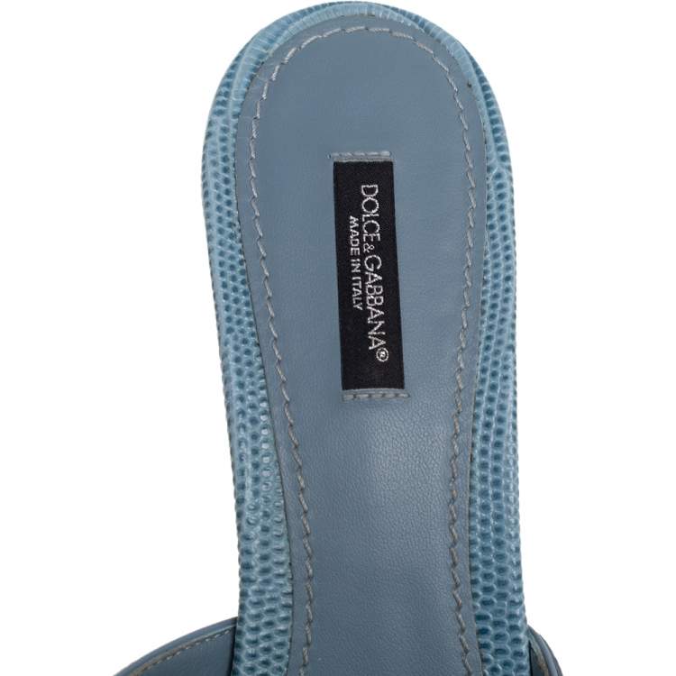 Pre Owned Dolce & Gabbana Light Blue Lizard Embossed Leather Crystal Embellished Slide Sandals Size 40