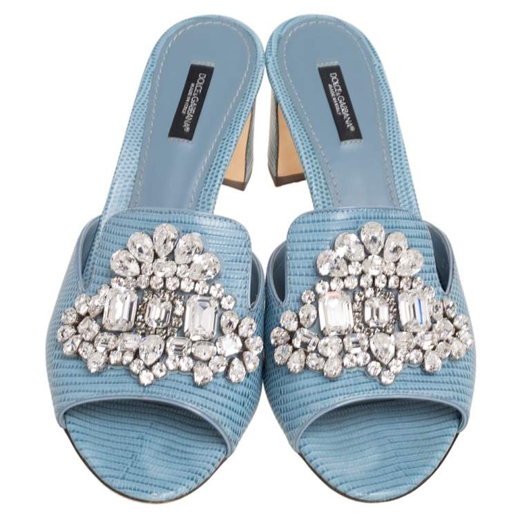 Pre Owned Dolce & Gabbana Light Blue Lizard Embossed Leather Crystal Embellished Slide Sandals Size 40
