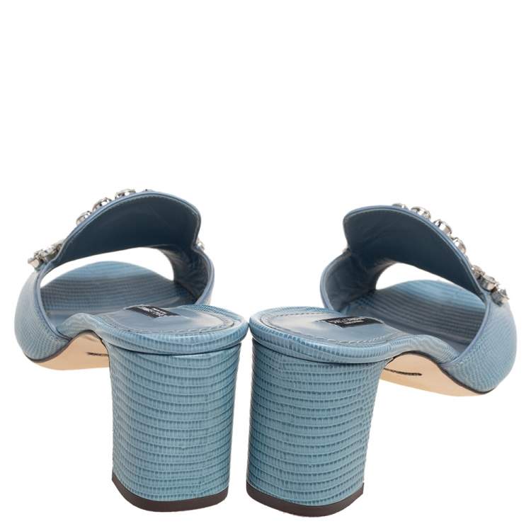 Pre Owned Dolce & Gabbana Light Blue Lizard Embossed Leather Crystal Embellished Slide Sandals Size 40