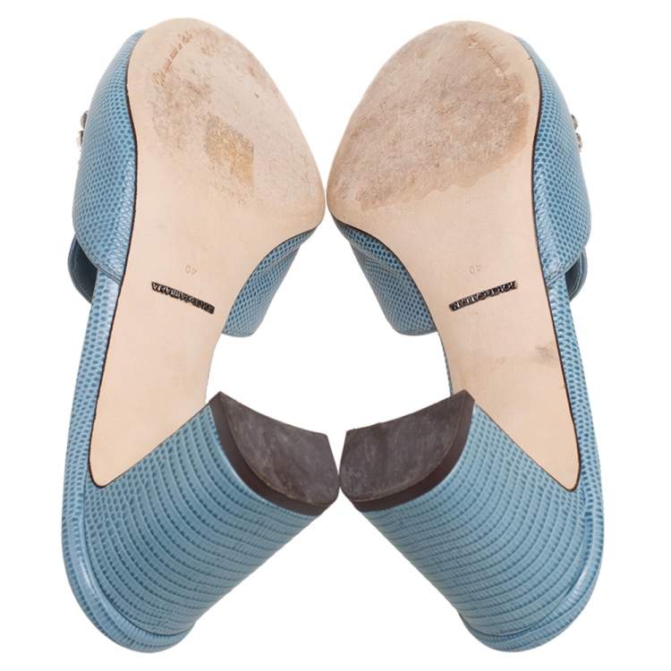 Pre Owned Dolce & Gabbana Light Blue Lizard Embossed Leather Crystal Embellished Slide Sandals Size 40