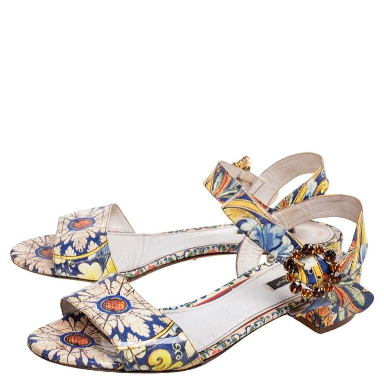 Pre Owned Dolce & Gabbana Multicolor Printed Patent Leather Embellished Flat Ankle Strap Sandals Size 39.5