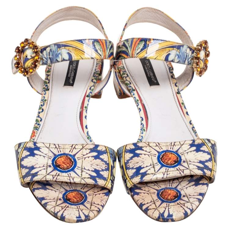 Pre Owned Dolce & Gabbana Multicolor Printed Patent Leather Embellished Flat Ankle Strap Sandals Size 39.5