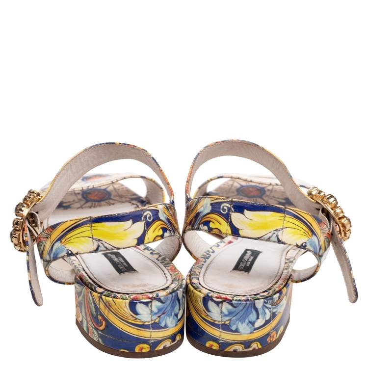 Pre Owned Dolce & Gabbana Multicolor Printed Patent Leather Embellished Flat Ankle Strap Sandals Size 39.5