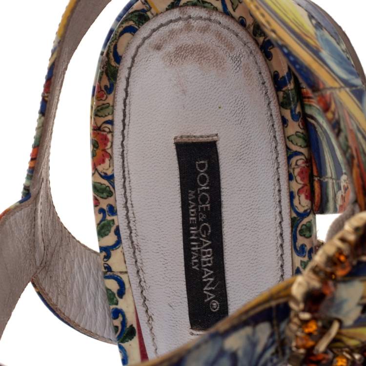 Pre Owned Dolce & Gabbana Multicolor Printed Patent Leather Embellished Flat Ankle Strap Sandals Size 39.5