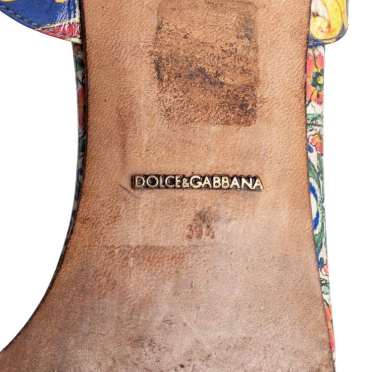 Pre Owned Dolce & Gabbana Multicolor Printed Patent Leather Embellished Flat Ankle Strap Sandals Size 39.5