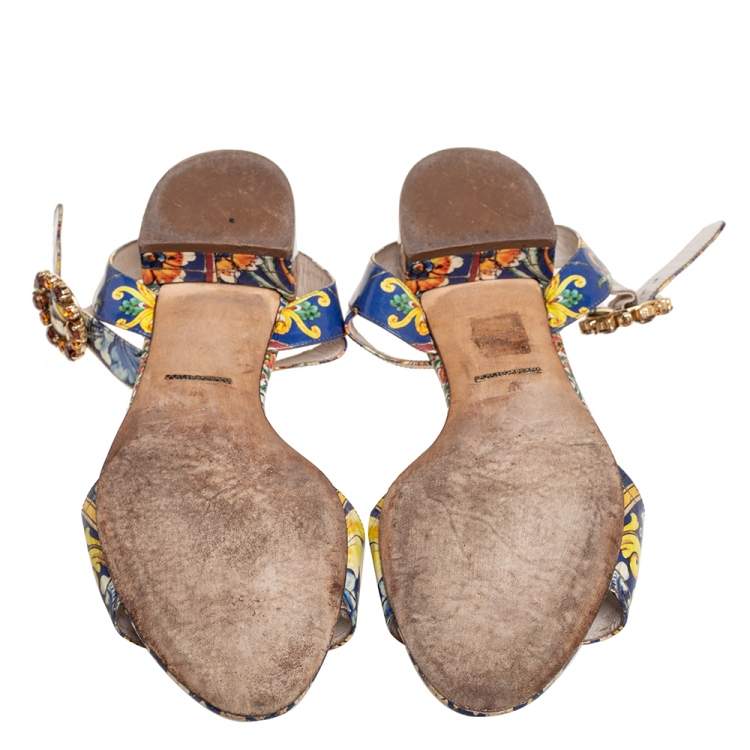Pre Owned Dolce & Gabbana Multicolor Printed Patent Leather Embellished Flat Ankle Strap Sandals Size 39.5