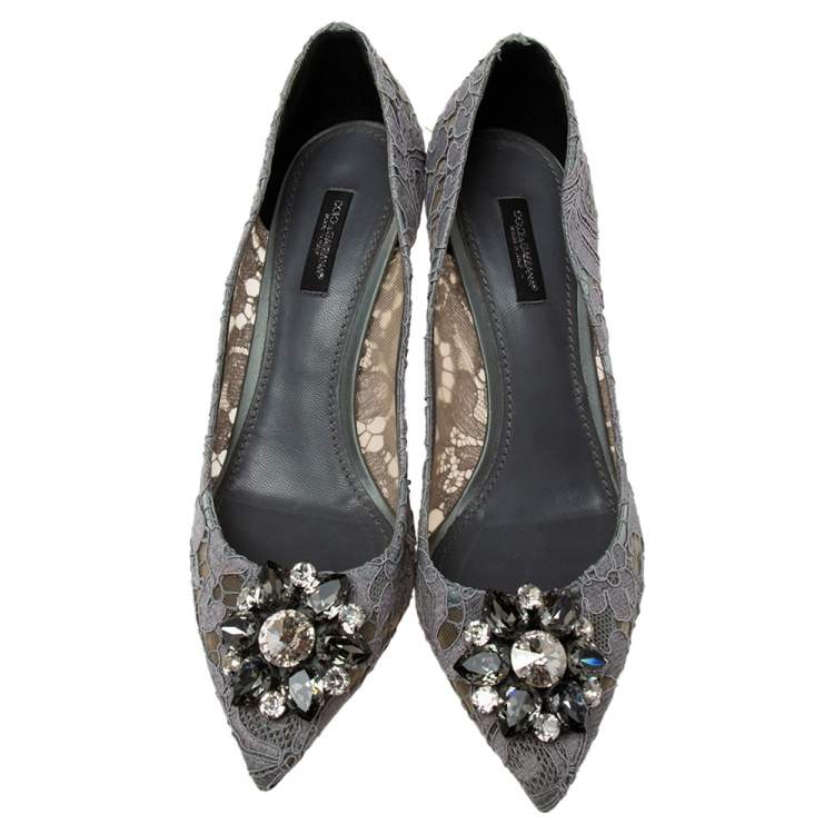 Pre Owned Dolce & Gabbana Grey Lace Bellucci Pointed-Toe Pumps Size 39