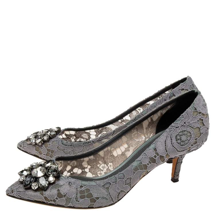 Pre Owned Dolce & Gabbana Grey Lace Bellucci Pointed-Toe Pumps Size 39