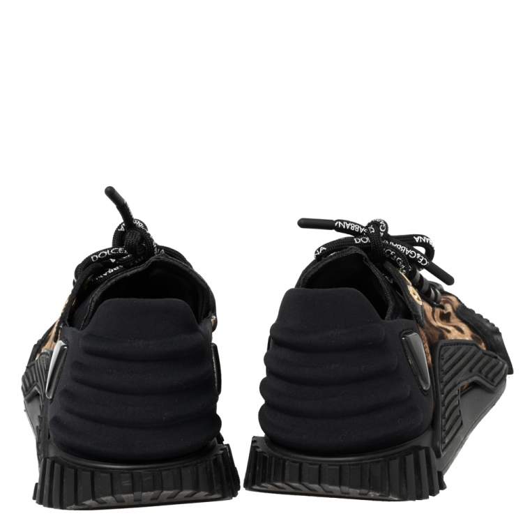 Pre Owned Dolce & Gabbana Black/Brown Leopard Print Fabric and Suede Low Top Sneakers Size 37