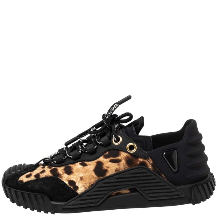 Pre Owned Dolce & Gabbana Black/Brown Leopard Print Fabric and Suede Low Top Sneakers Size 37