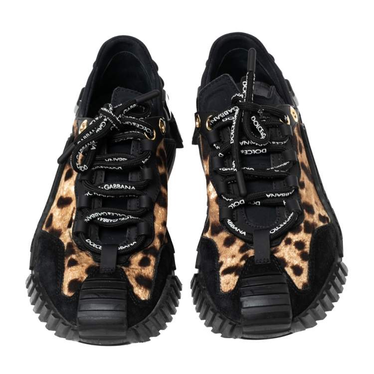 Pre Owned Dolce & Gabbana Black/Brown Leopard Print Fabric and Suede Low Top Sneakers Size 37