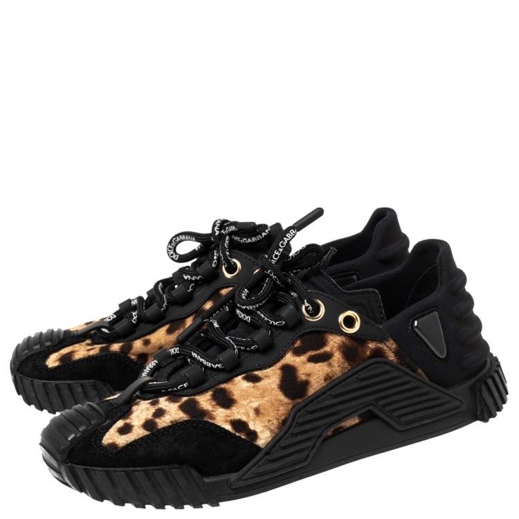 Pre Owned Dolce & Gabbana Black/Brown Leopard Print Fabric and Suede Low Top Sneakers Size 37