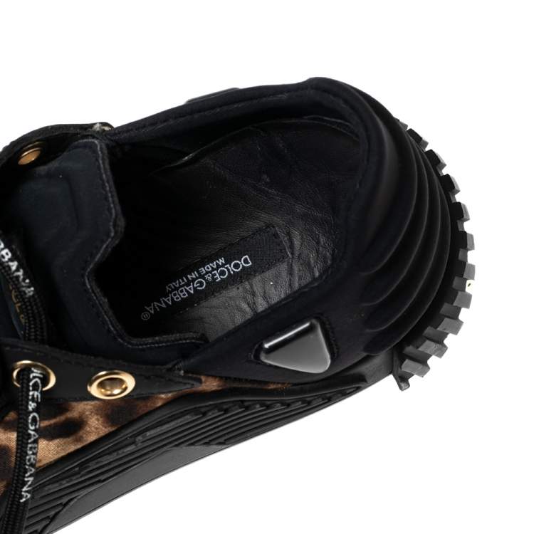 Pre Owned Dolce & Gabbana Black/Brown Leopard Print Fabric and Suede Low Top Sneakers Size 37