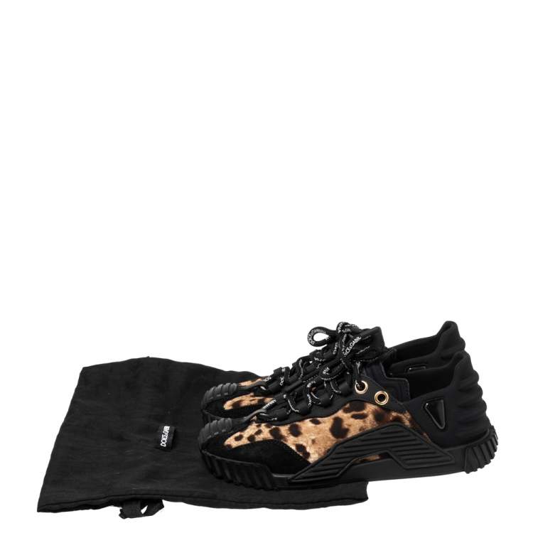 Pre Owned Dolce & Gabbana Black/Brown Leopard Print Fabric and Suede Low Top Sneakers Size 37