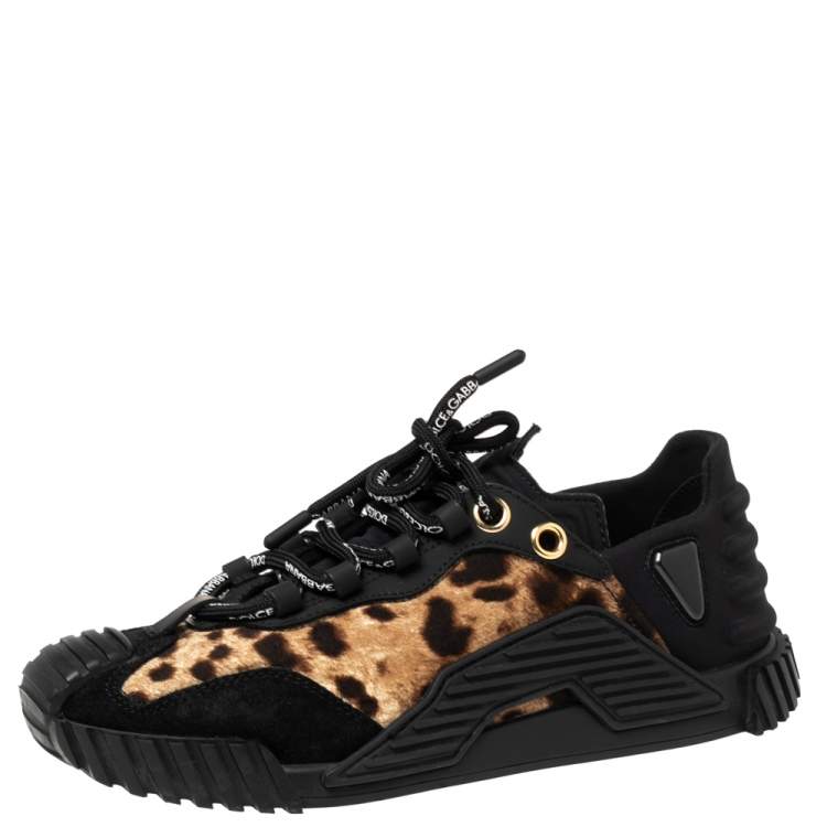 Pre Owned Dolce & Gabbana Black/Brown Leopard Print Fabric and Suede Low Top Sneakers Size 37