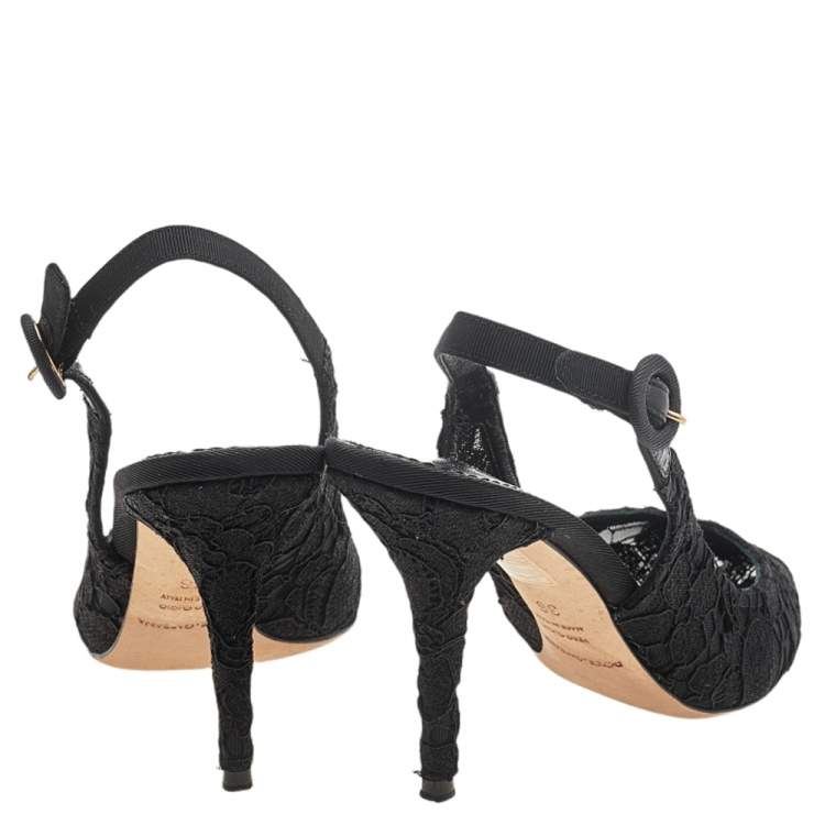 Pre Owned Dolce & Gabbana Black Lace Pointed Toe Slingback Sandals Size 36