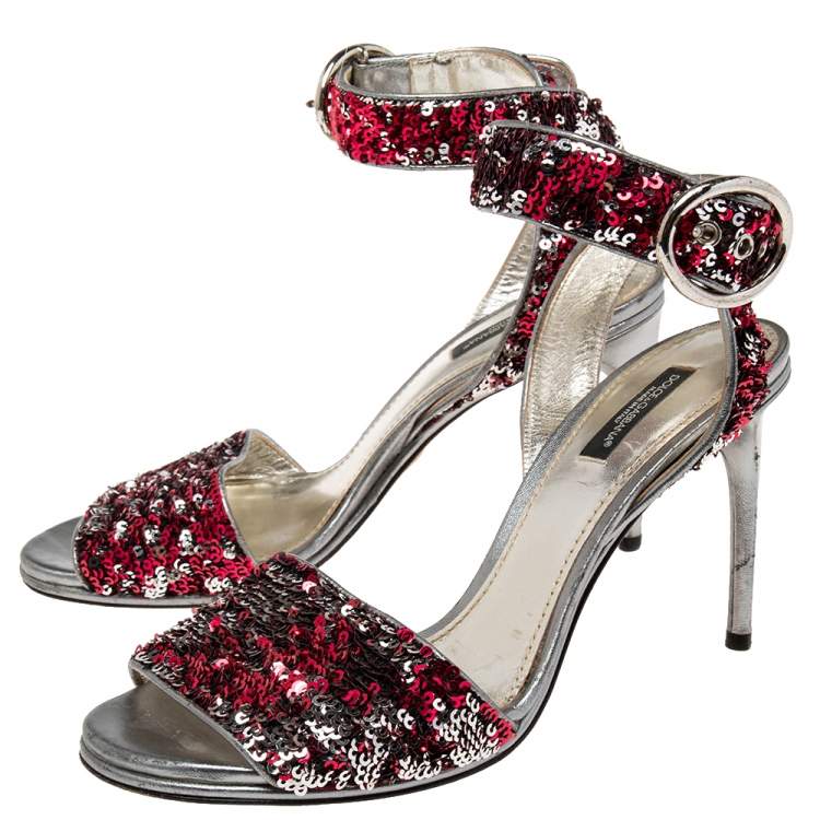 Pre Owned Dolce & Gabbana Pink/Silver Leather And Sequins Ankle Strap Sandals Size 38.5