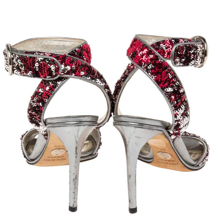 Pre Owned Dolce & Gabbana Pink/Silver Leather And Sequins Ankle Strap Sandals Size 38.5