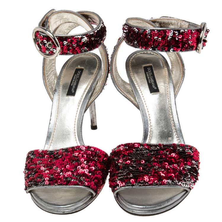 Pre Owned Dolce & Gabbana Pink/Silver Leather And Sequins Ankle Strap Sandals Size 38.5