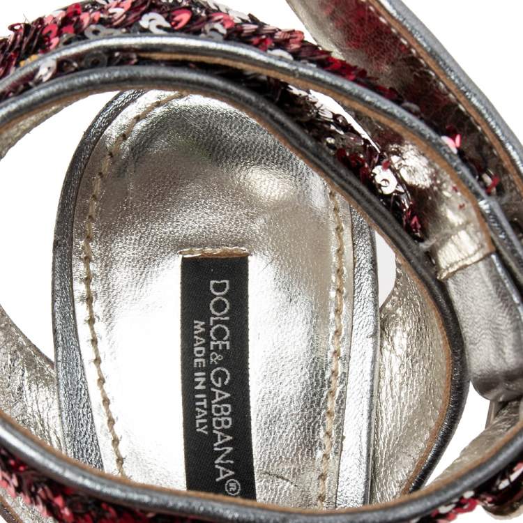 Pre Owned Dolce & Gabbana Pink/Silver Leather And Sequins Ankle Strap Sandals Size 38.5