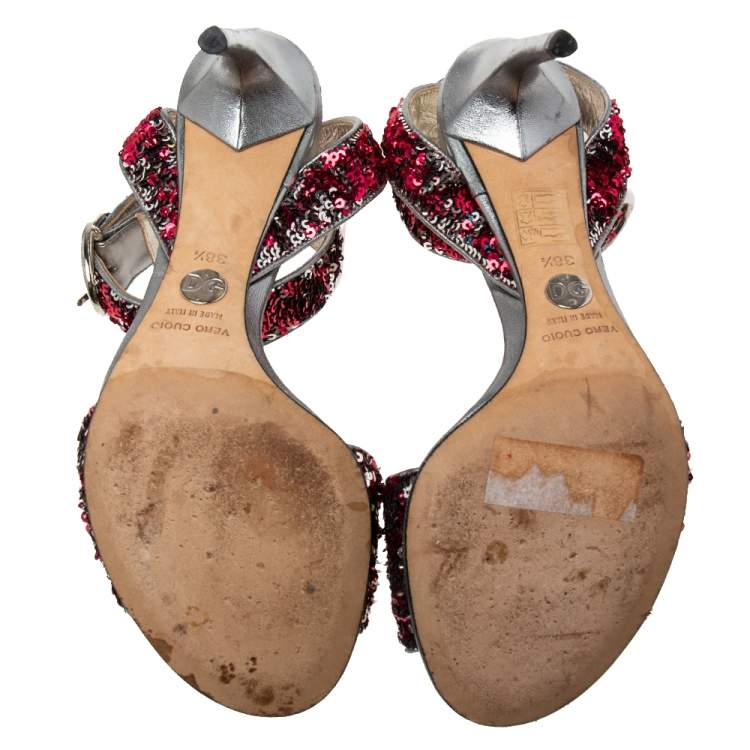 Pre Owned Dolce & Gabbana Pink/Silver Leather And Sequins Ankle Strap Sandals Size 38.5
