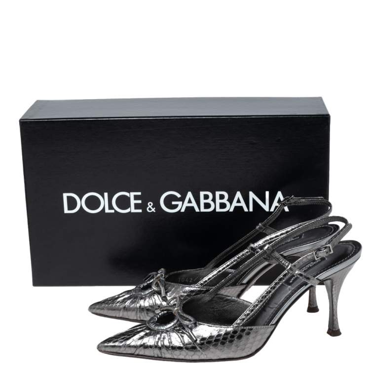 Pre Owned Dolce & Gabbana Metallic Grey Snakeskin bow Slingback Sandals Size 36.5 