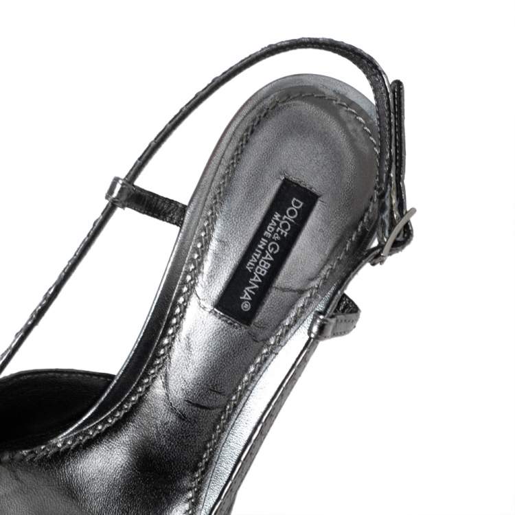 Pre Owned Dolce & Gabbana Metallic Grey Snakeskin bow Slingback Sandals Size 36.5 