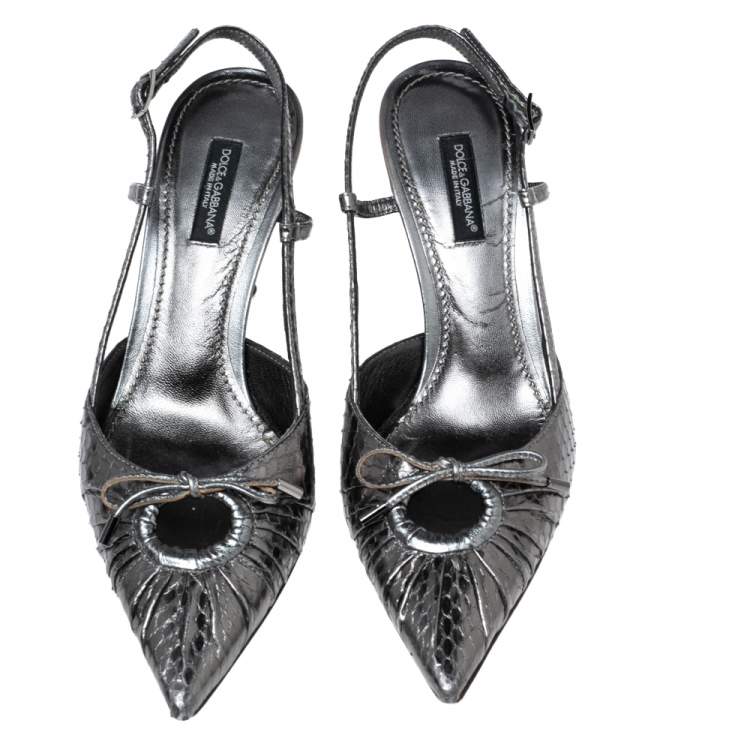 Pre Owned Dolce & Gabbana Metallic Grey Snakeskin bow Slingback Sandals Size 36.5 